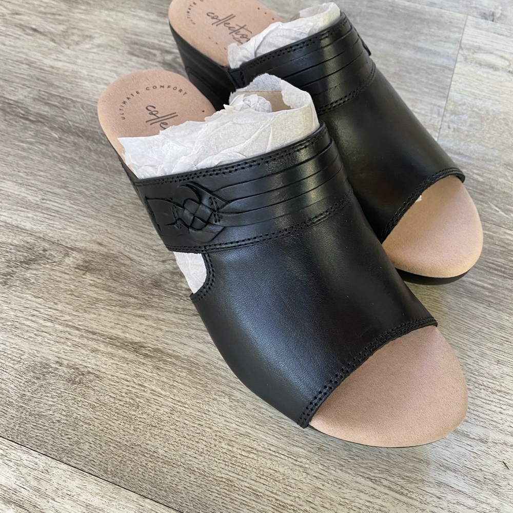 Clarks Black Leather Women's Mules